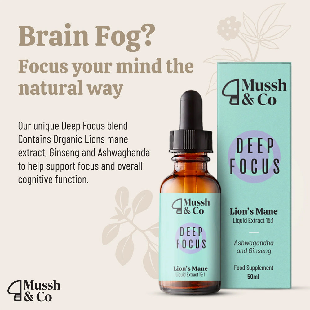 Mussh & Co Deep Focus supplement bottle and packaging on a light background