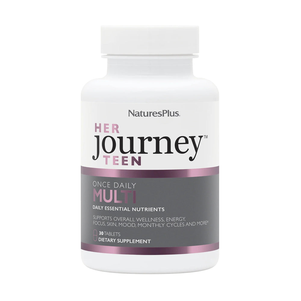 A white plastic bottle of NaturesPlus Her Journey Teen Once Daily Multi-vitamin supplement.