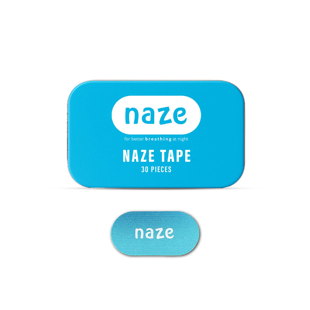 A blue rectangular tin of Naze Tape with a white oval logo and text reading &