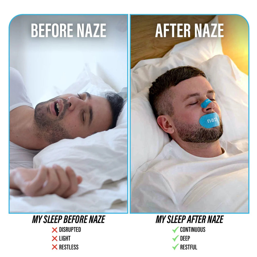 Before and after comparison of a man sleeping with and without a device labeled &