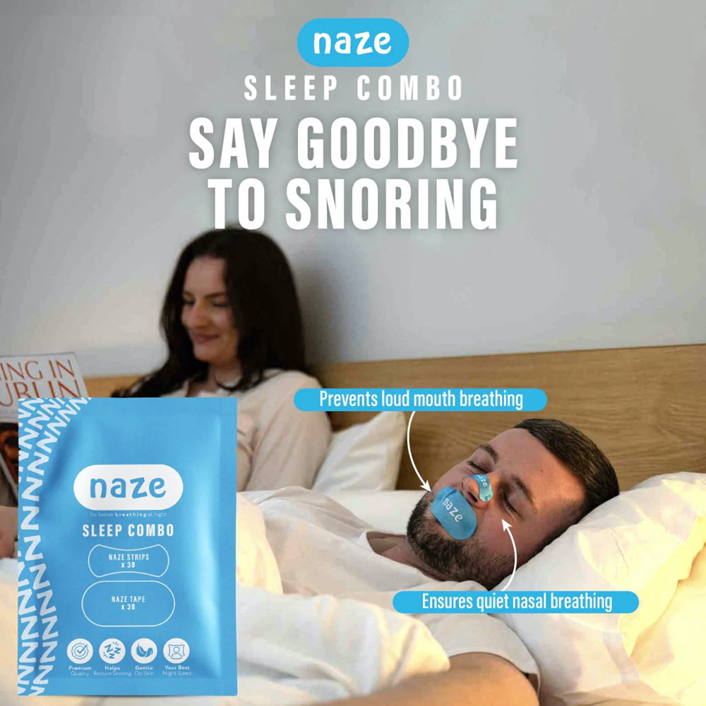 Naze sleep combo product with a woman and man in bed, text &