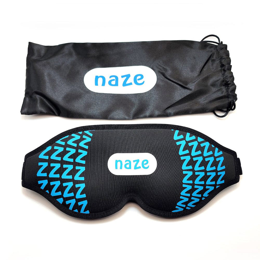 A sleep mask with a white oval logo reading &