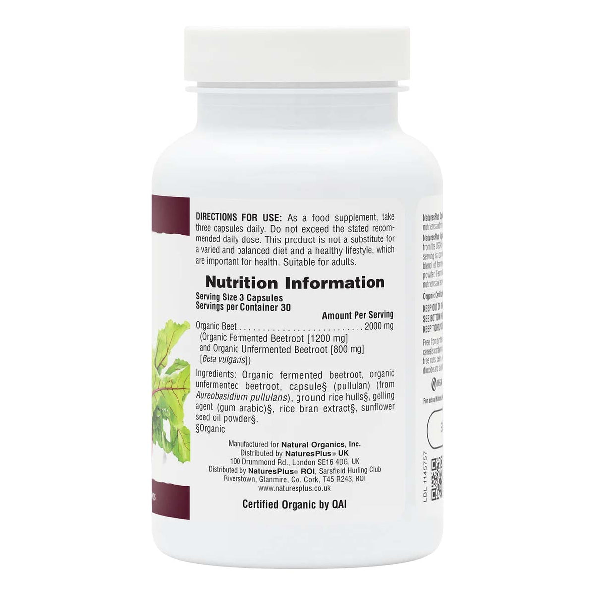 NaturesPlus Organic Beet nutritional information