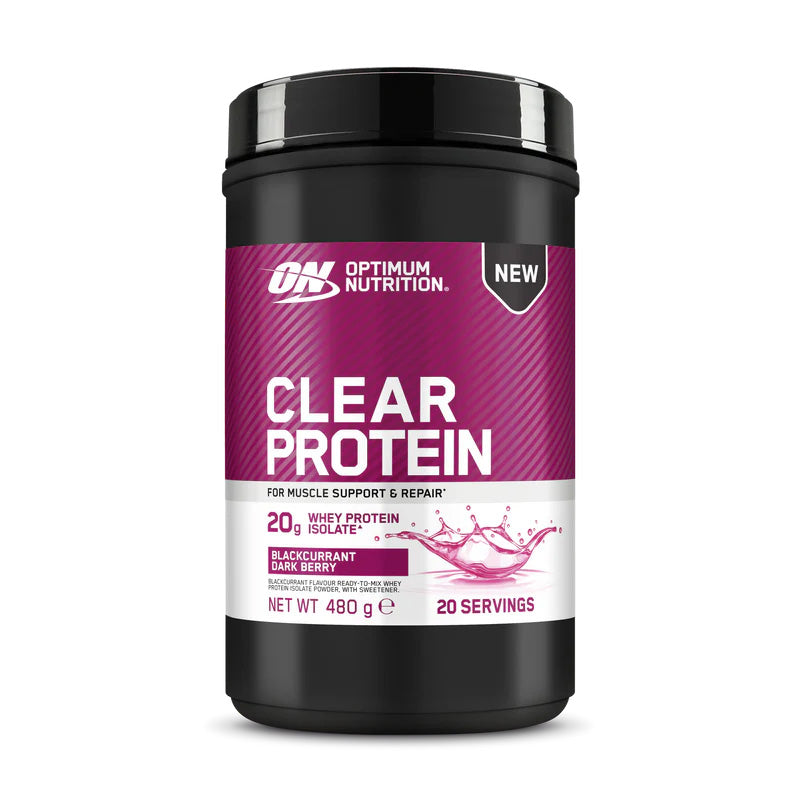 Optimum Nutrition Clear Protein Blackcurrant whey protein powder tub, 480g, on a white background.