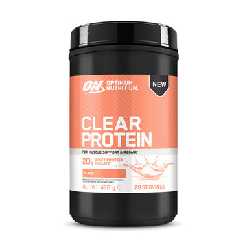 Optimum Nutrition Clear Protein powder container in peach flavour.