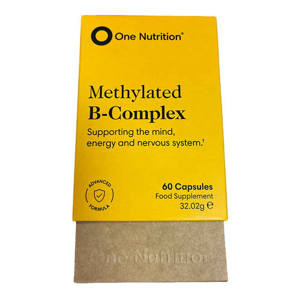 One Nutrition Methylated B-Complex food supplement box in bright yellow with black text, partially slid open to reveal a brown cardboard insert underneath, on a white background.