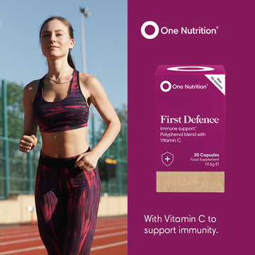 Woman exercising outdoors with One Nutrition First Defence supplement packaging on a purple background
