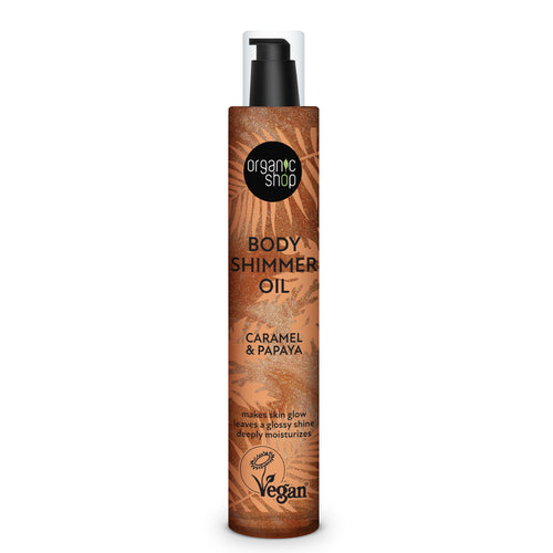 bottle of Organic Shop Caramel &amp; Papaya Body Shimmer Oil