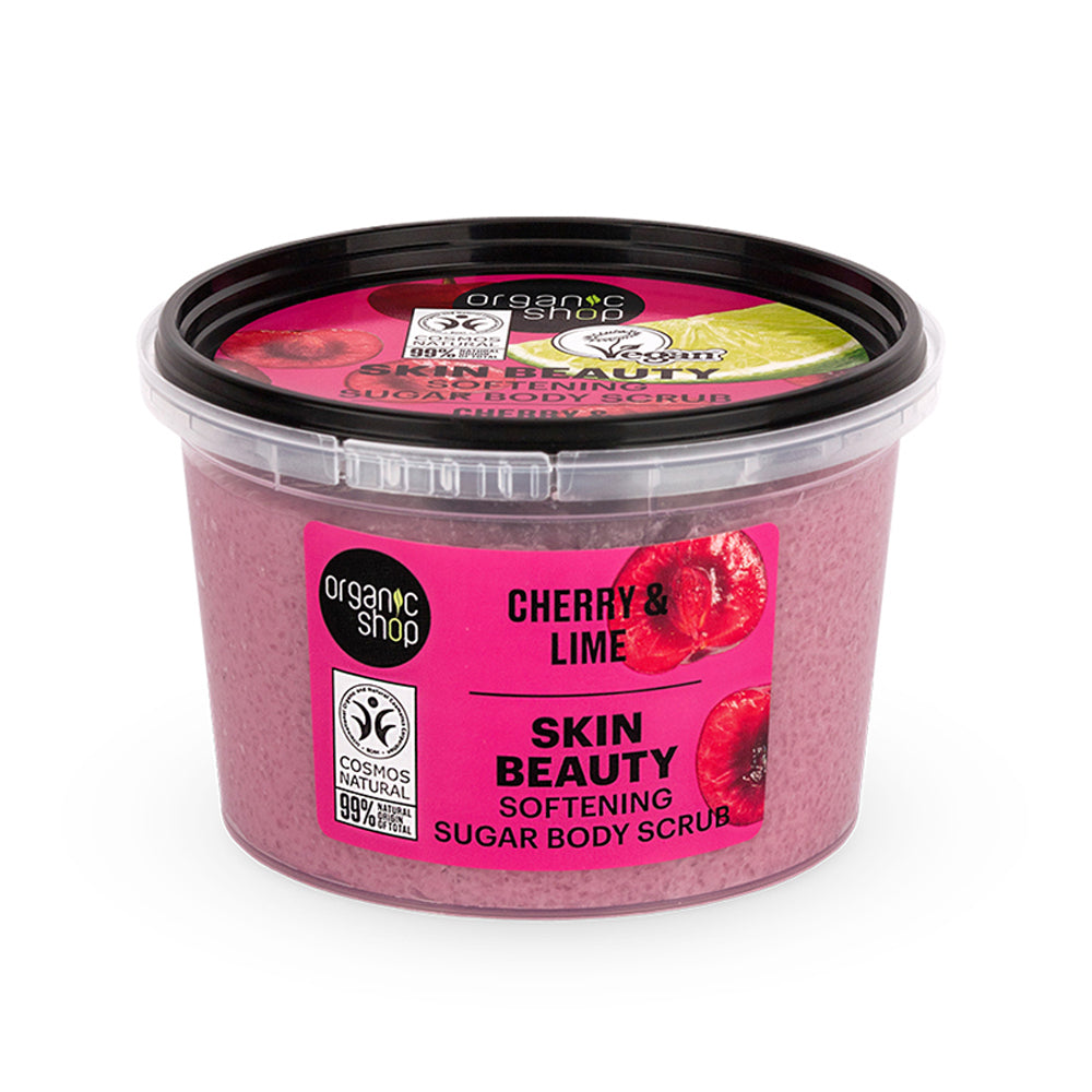 tub of Organic Shop Cherry & Lime Softening Sugar Body Scrub