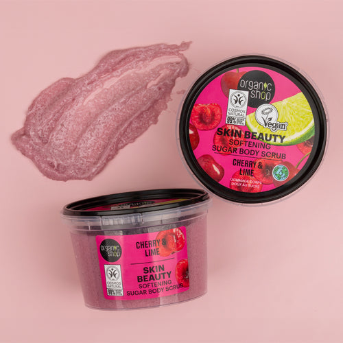 Organic Shop Cherry &amp; Lime Softening Sugar Body Scrub with pink background