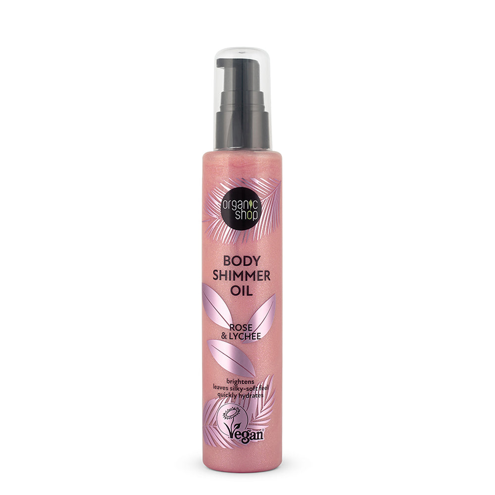 bottle of Organic Shop Rose & Lychee Body Shimmer Oil