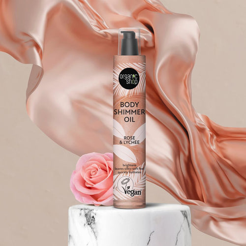 Organic Shop Rose & Lychee Body Shimmer Oil with rose and silk