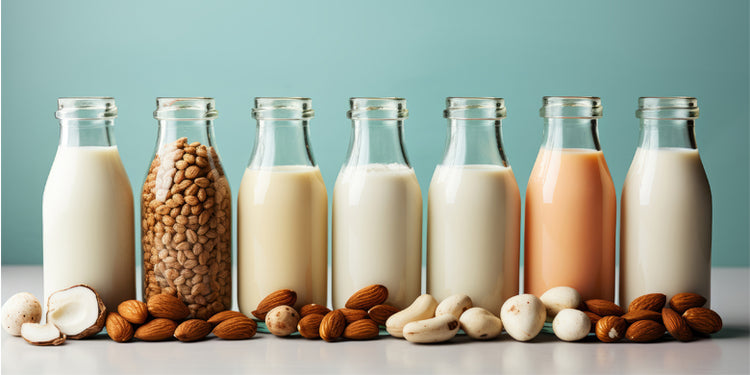 Bottle of different plant milks in a row