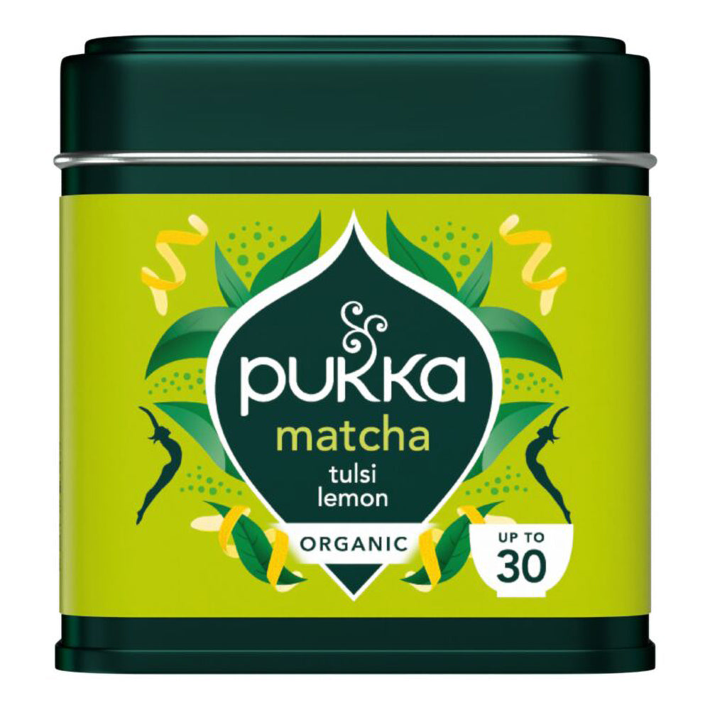 A tin of Pukka Matcha Tulsi Lemon organic tea, featuring a bright lime green label with dark green and white graphics, and a dark green lid.
