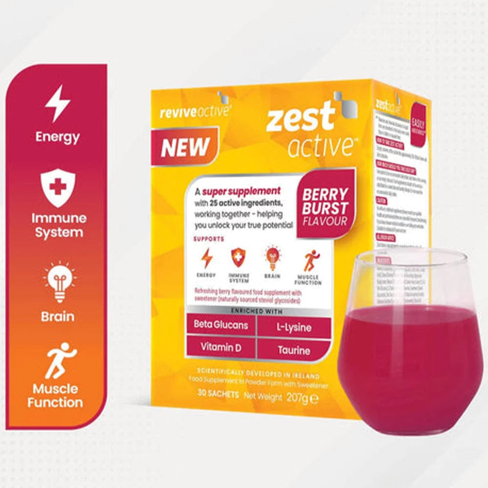 Zest Active supplement package with berry flavor and a glass of pink liquid on a white background