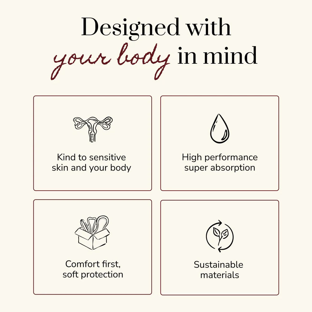 Riley Organic Cotton Sanitary Pads - Regular features with icons and text on a beige background