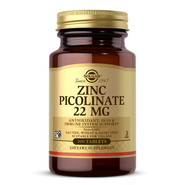 Solgar Zinc Picolinate 22mg 100 Tablets Glass Bottle