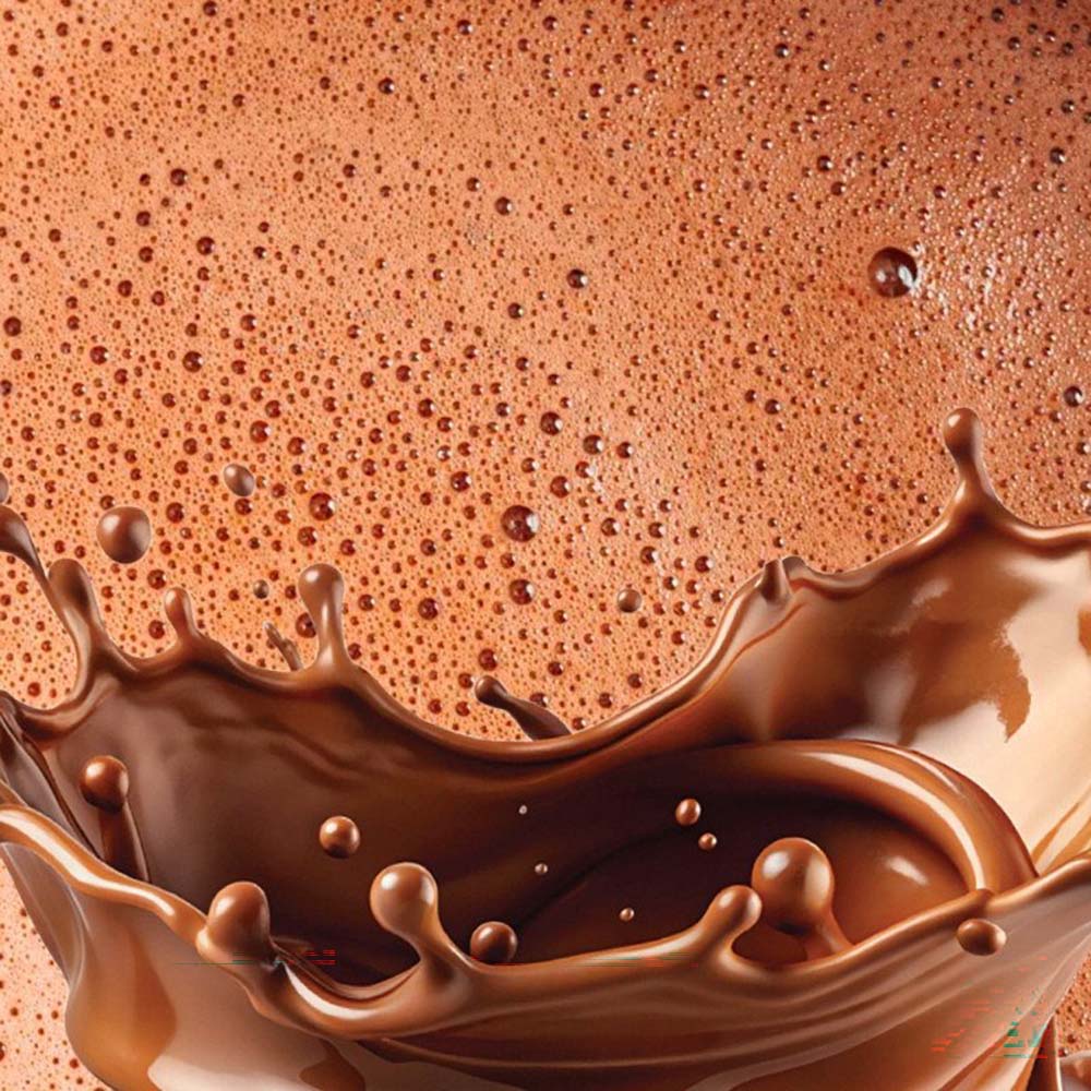 Macro close-up shot of liquid hot chocolate splashing dynamically against a background of frothy, bubbly chocolate.