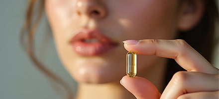 woman in background holding softgel capsule