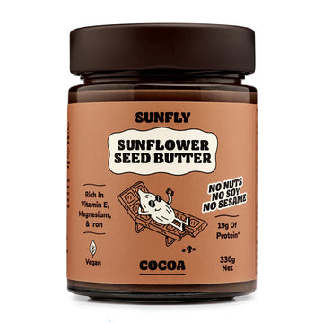 A jar of Sunfly Sunflower Seed Butter in Cocoa flavour, set against a plain white background.