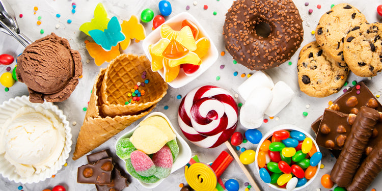 selection of sweets cookies, ice cream and chocolate