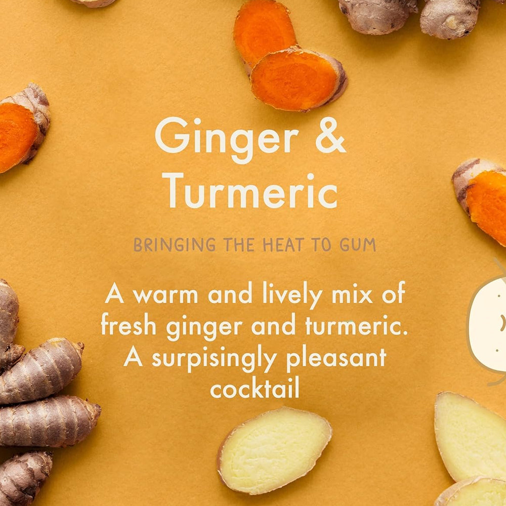 Ginger and turmeric roots on a yellow background with text about a cocktail mix.