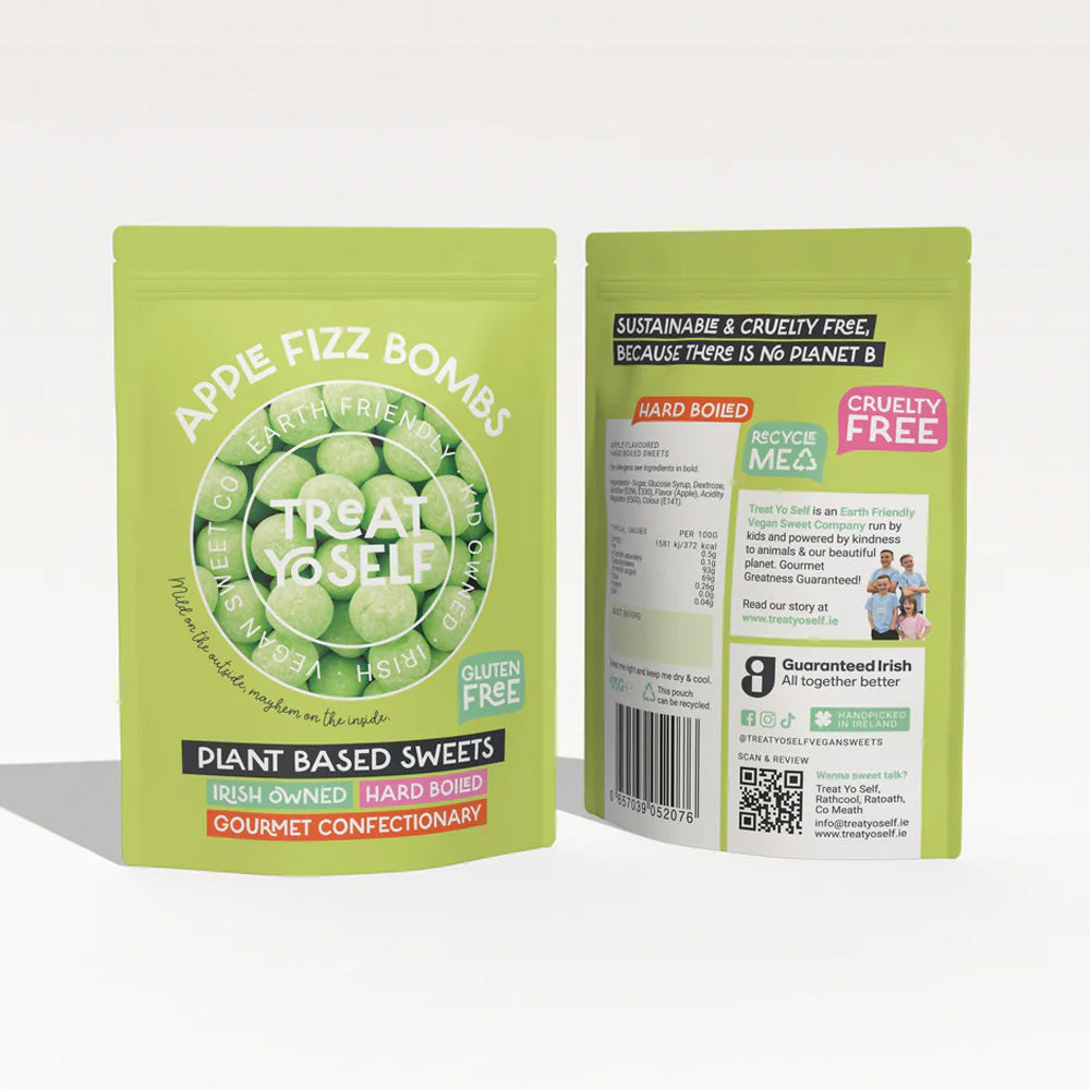 Two stand-up pouches of Treat Yo Self Apple Fizz Bombs plant-based sweets, shown on a clean white background.