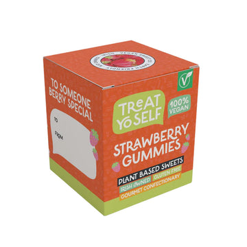 A cube-shaped box of Treat Yo Self Strawberry Gummies, featuring a bright orange and lime green design with white text and small strawberry illustrations.