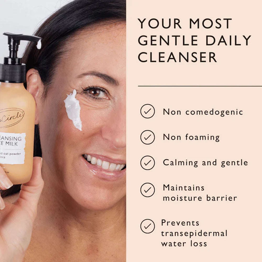 Woman applying cleanser with a bottle labeled &