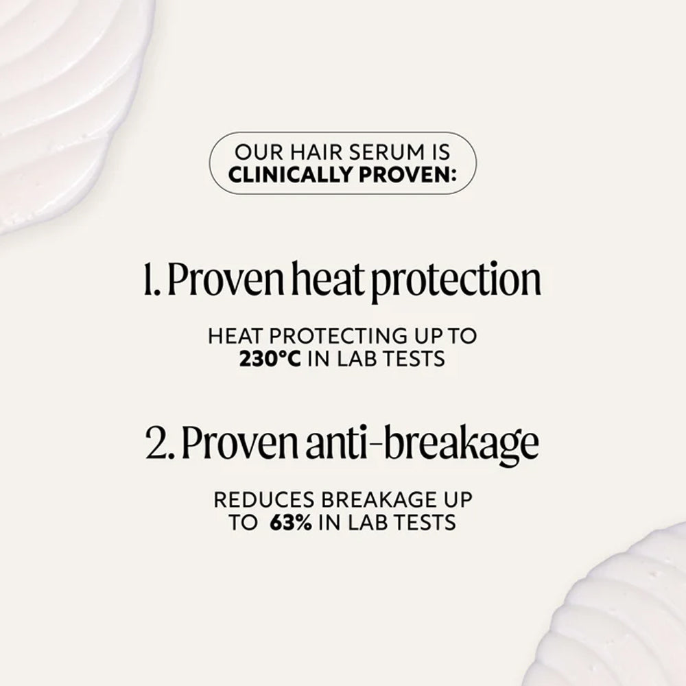 Text on a white background about hair serum with heat protection and anti-breakage claims.