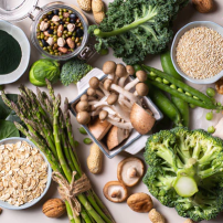 Selection of mushrooms, green vegetables and legumes