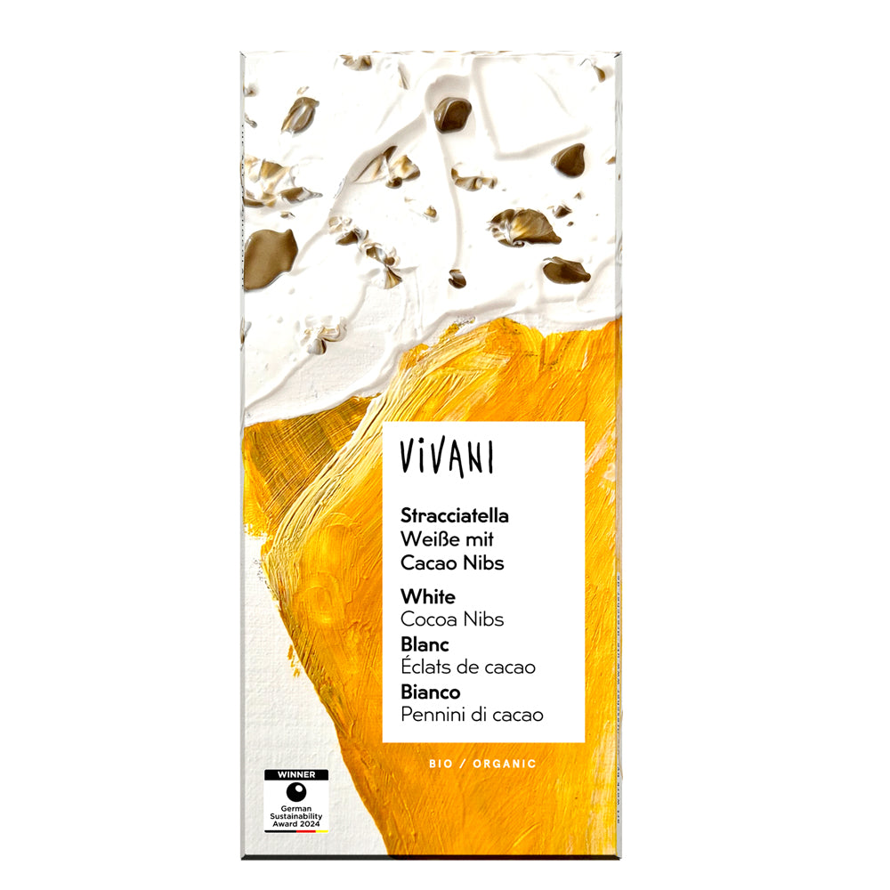 raw cane sugar*, cocoa butter*, whole milk powder*, cocoa nibs* 7%, Bourbon vanilla pods* (ground), Bourbon vanilla extract*
Milk solids: 27%
May contain components of tree nuts and gluten.
*from organic agriculture
