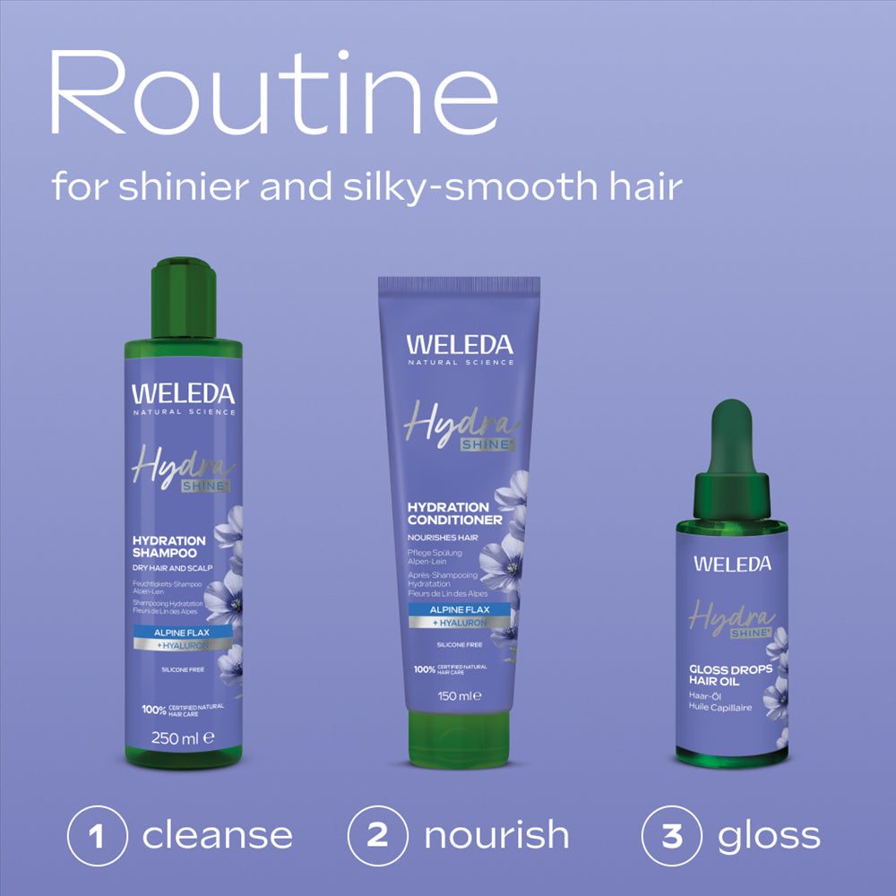 Weleda hair care products on a purple background