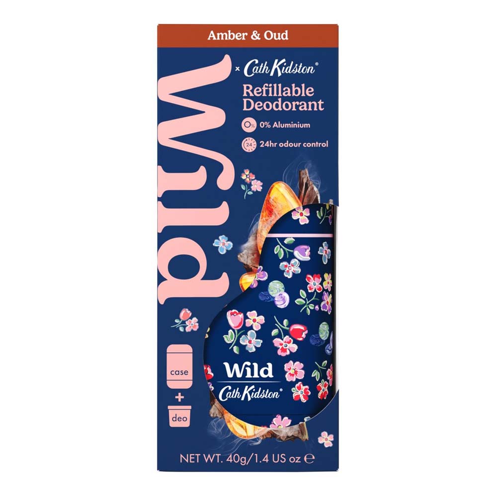 Cith Kidsten Wild Amber & Oud refillable deodorant canister in its retail packaging, featuring a dark blue background with pink floral illustrations and a clear window showing the canister inside.