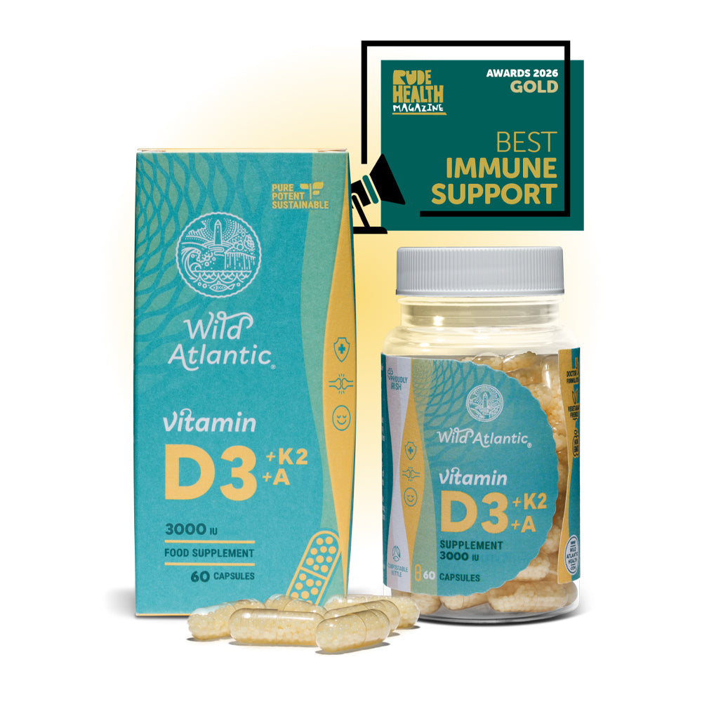 Wild Atlantic Vitamin D3+K2+A supplement packaging with award badge on a white background