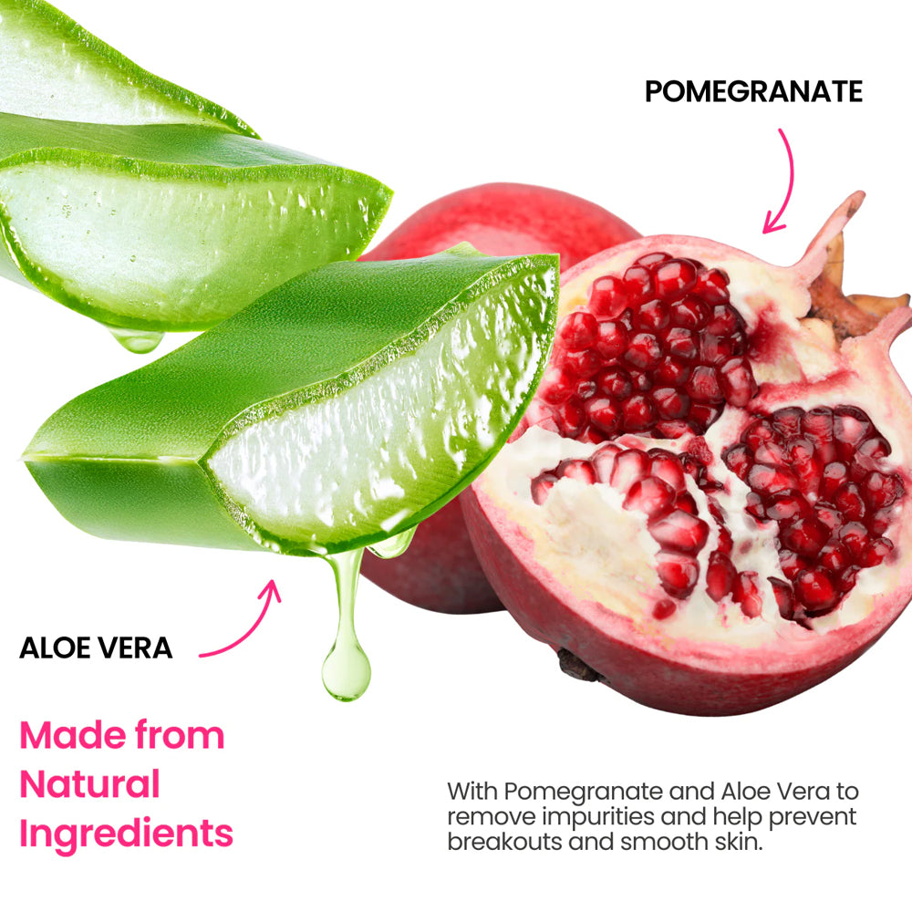Pomegranate and aloe vera with text highlighting natural ingredients for skincare.