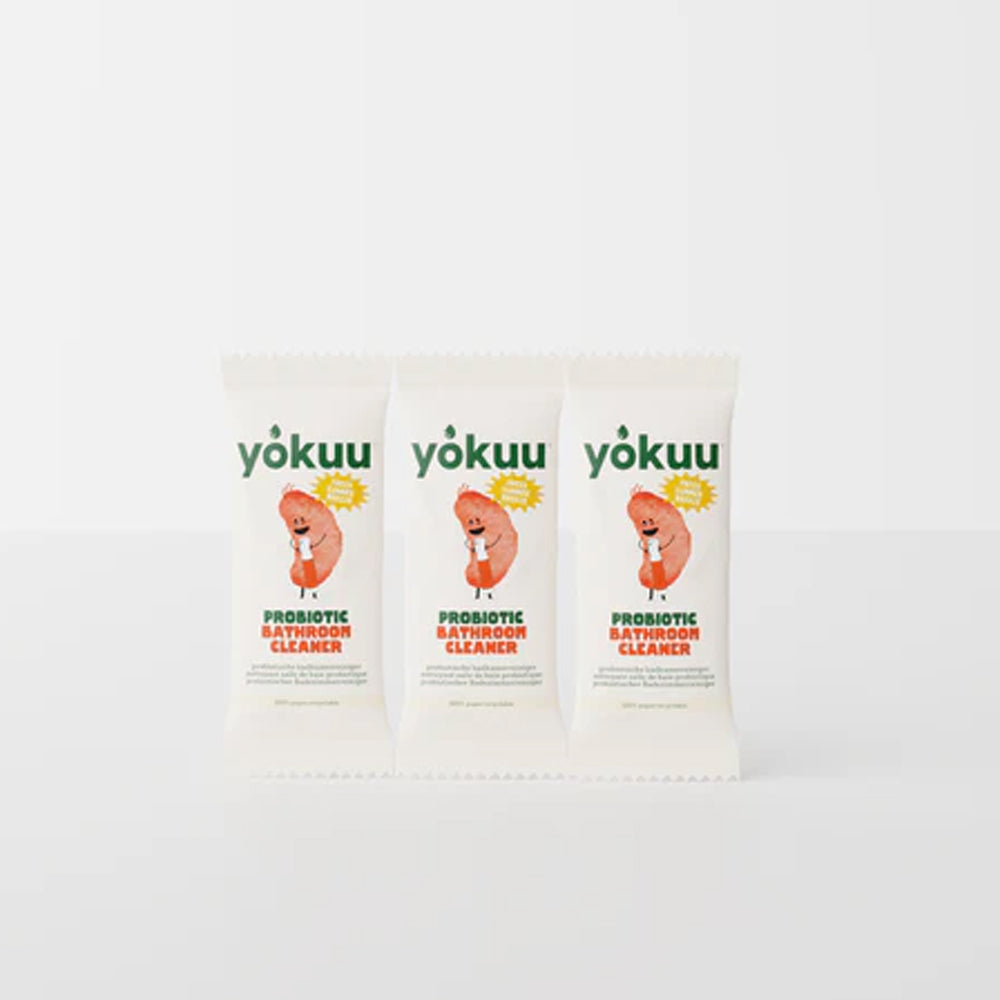 Three packets of yokuu probiotic bathroom cleaner on a white background