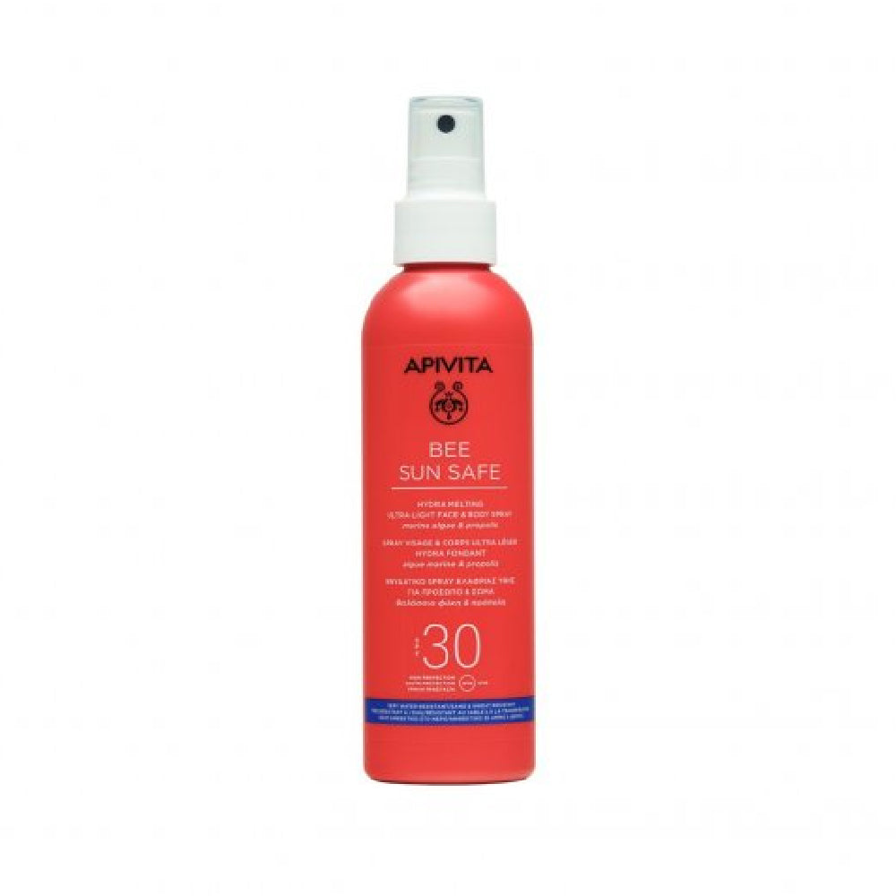 bottle of Apivita Hydra Melting Ultra-Light Face &amp; Body Spray SPF30