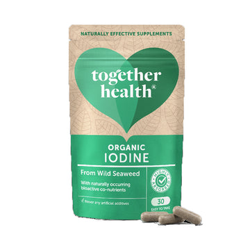 Packaging of Together Health Organic Iodine with 30 capsules, emphasizing organic and natural ingredients.