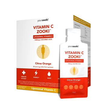 Packaging of Zooki Liposomal Vitamin C supplement, featuring a box and sachet with branding and product information, in a citrus orange flavor.