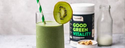 nuzest good green stuff green smoothie with kiwi and milk