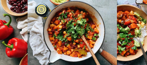 Gran Luchito bowl of Vegan Chilli and fresh pappers