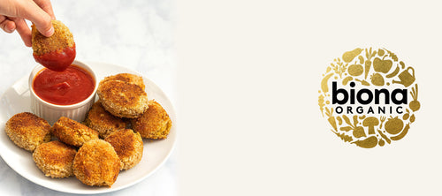Healthy Vegan Chickpea Nuggets with dipping sauce and biona logo