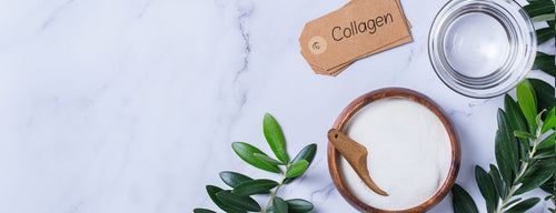 collagen supplements on marble counter with collagen tag