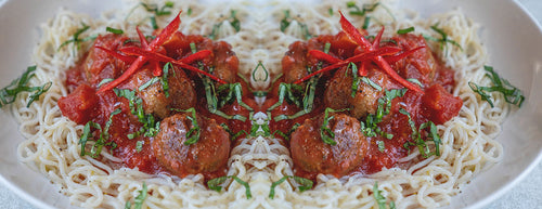 Vegan Meatballs with noodles