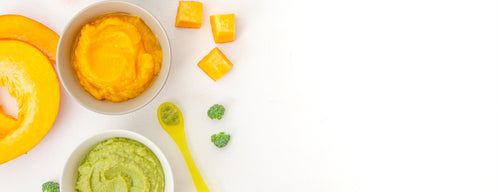 bowls of pureed butternut squash and broccoli - some of the best first foods for baby