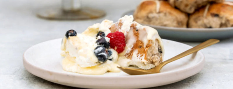 Biona's Vegan Hot Cross Bun Trifle with fresh cream and fruits 