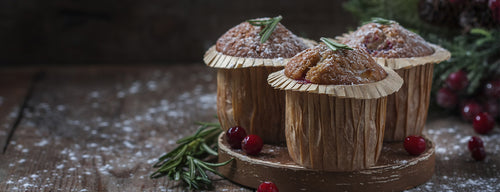 wooden platter with Christmas breakfast muffins