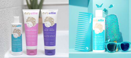 curly ellie products with a plant and sunglasses and colourful comb