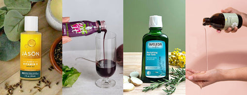 Health Food Trends 2024 - vitamin e oil, beetroot juice, weleda rosemary oil, and castor oil